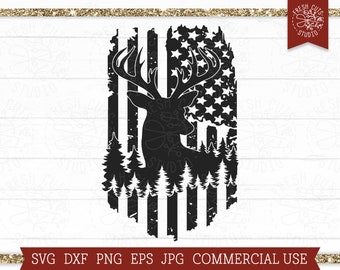 Reh SVG Amerikanische Flagge, Jagd SVG, Distressed Flag, Pine Forest SVG, Silhouette, Wald, Patriotisches Svg, Reh svg