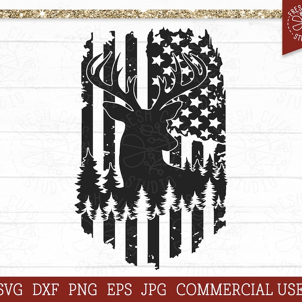 Deer SVG American Flag, Hunting SVG, Distressed Flag, Pine Forest SVG, Deer Scene Cut File, Silhouette, Forest, Patriotic svg, Deer Antlers