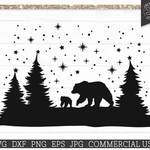 Winter Scene SVG Cut File for Cricut, Bear svg, Snowy Woods svg, Snowy Christmas Svg Scene, Pine Trees, Snow, Christmas Bears svg dxf png