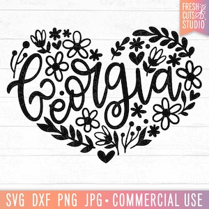 Georgia SVG Cut File, State Name Heart, Floral Georgia PNG, Georgia Shirt Design PNG Sublimation Digital Download, Flower Heart svg