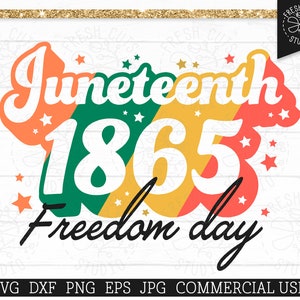 May include: A colorful graphic design with the text "Juneteenth 1865 Freedom Day" in a retro style. The design features a red, orange, yellow, green, and blue color scheme with white stars.