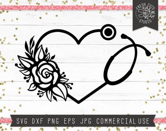 Stethoscope Svg Cut File for Cricut, Instant Download, Flower Heart Stethoscope Svg, Nurse Monogram Svg, Nursing Cuttable, Dxf, Floral Frame