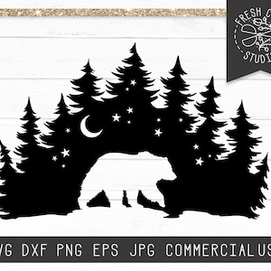 Grizzly Bear SVG Cut Files for Cricut, Bear Silhouette SVG, Forest Bear svg, Bear Forest Moon svg, Wilderness, Bear in the Woods Svg Dxf Png