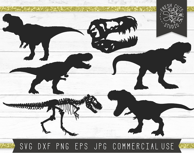 May include: Five black silhouette images of a Tyrannosaurus Rex dinosaur. The first image is a full body silhouette of the dinosaur. The second image is a silhouette of the dinosaur's skull. The third image is a full body silhouette of the dinosaur. The fourth image is a full body silhouette of the dinosaur skeleton. The fifth image is a full body silhouette of the dinosaur.