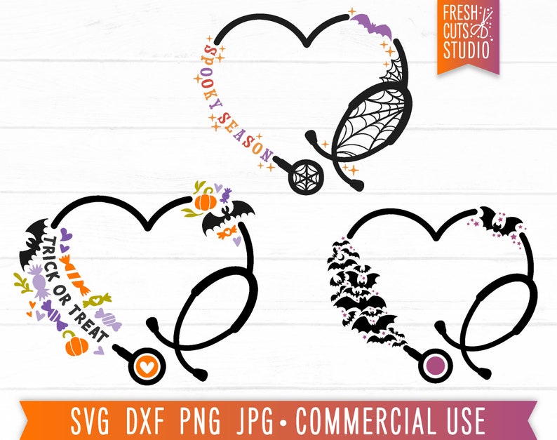 May include: Two black and white Halloween-themed stethoscope heart designs. One design features the text "Trick or Treat" with candy and bats. The other design features the text "Spooky Season" with bats and a spider web.