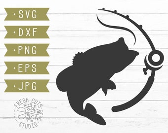 Fishing Pole SVG Cut File Instant Download, Bass Fish svg, Fishing Logo Design Clipart, Angling svg, Fisherman Svg, Hunting Fishing Vector