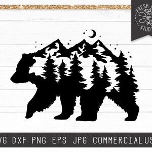 Bär SVG Silhouette, Bär Wald Svg, Bär mit Bäumen, Kiefer Wald Svg, wilde Tier Svg, Wildnis Svg Bär Berg Svg, Bär geschnitten Datei Dxf