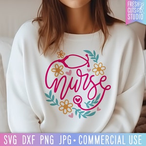 Nurse SVG Stethoscope Cut File, Pretty Nurse svg, Hand Lettered, Floral Nurse svg, Cute Nurse svg, Aesthetic Nurse svg, Nurse Sublimation