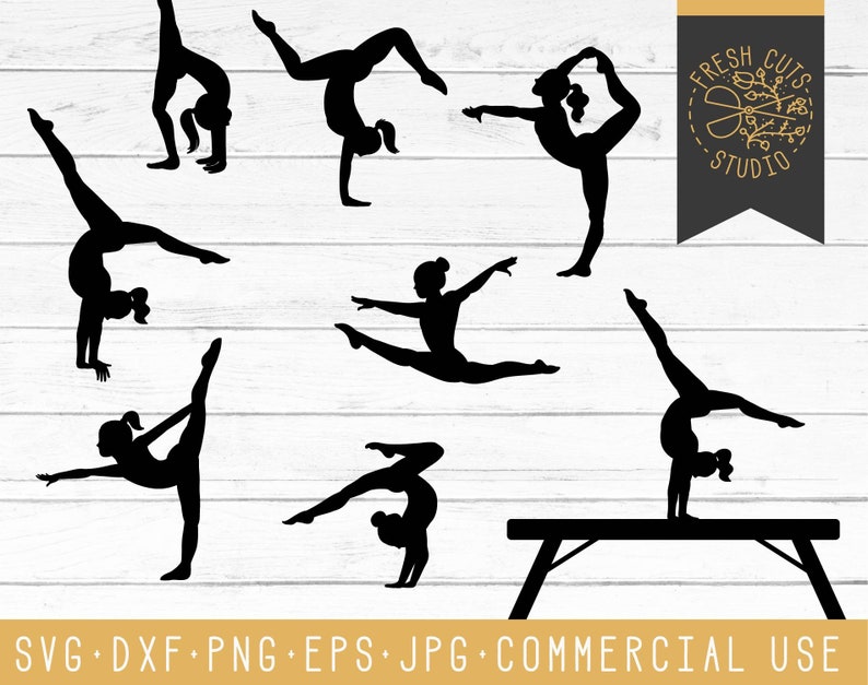 Peut inclure: Silhouettes de gymnastes dans diff&eacute;rentes poses, dont un poirier, un dos rond et un salto avant. Les silhouettes sont noires sur un fond en bois blanc. Le texte "FRESH CUTS STUDIO" est dans le coin sup&eacute;rieur droit de l'image.