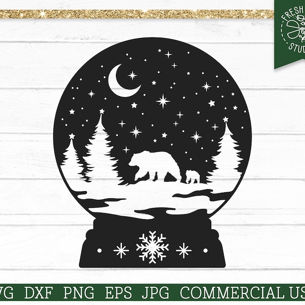 Christmas Bear SVG Snowglobe Cut File, Polar Bear Family, Starry Winter Scene, Rustic Christmas, Snowy Forest Silhouette Cricut, png dxf eps