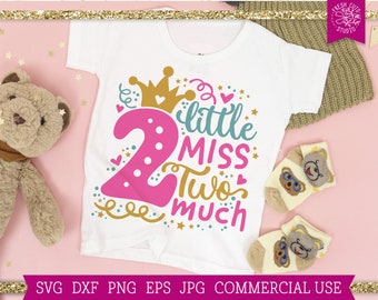 May include: A white t-shirt with a pink number two, a gold crown, and the text "little miss two much" in teal and pink. The shirt is on a pink background with gold stars.