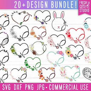 May include: A bundle of 20+ SVG cut files featuring various designs of hearts with a stethoscope, including a bunny rabbit, a football, and a candy cane. The text "20+ DESIGN BUNDLE!" and "FRESH: CUTS: STUDIO" is also included in the image.