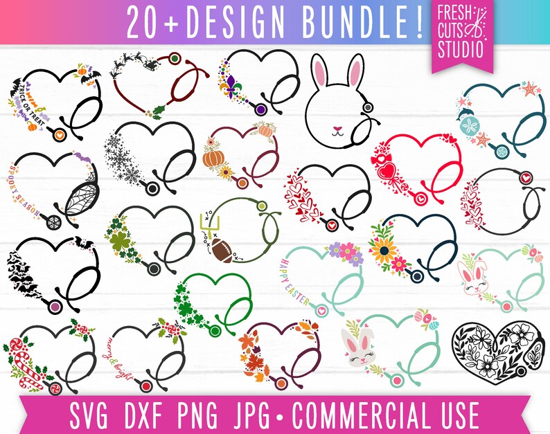 May include: A bundle of 20+ SVG cut files featuring various designs of hearts with a stethoscope, including a bunny rabbit, a football, and a candy cane. The text "20+ DESIGN BUNDLE!" and "FRESH: CUTS: STUDIO" is also included in the image.