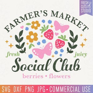 ファーマーズマーケットSVGカットファイル、プレッピーサマーPNG昇華、ストロベリーフェスティバルSVG、ガーリーサマーシャツファイル、ボヘミアンレトロサマーソーシャルクラブ