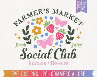 Farmer's Market SVG Cut File, Preppy Summer PNG Sublimation, Strawberry Festival SVG, Girly Summer Shirt File, Boho Retro Summer Social Club