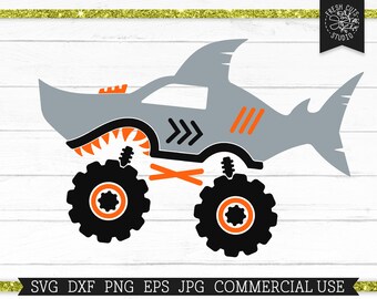 Shark Monster Truck SVG Cut File for Cricut, Silhouette, Big Truck svg for Boys, Shark Boy Clipart, Orange, Dxf png eps jpg Print File