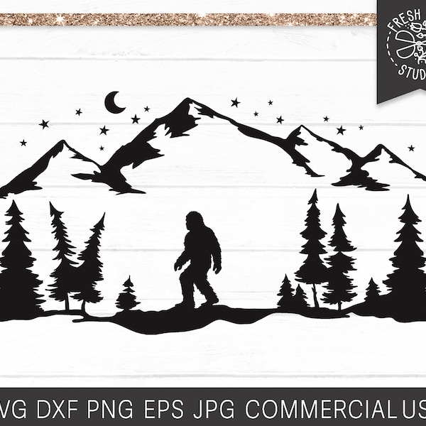 Bigfoot SVG Cut File for Cricut and Silhouette, Pacific Northwest Mountain Forest Sasquatch Svg PNG for Sublimation, Pine Tree Starry Forest