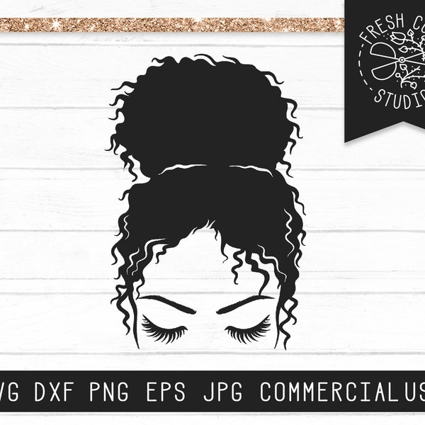 Messy Bun SVG File Instant Download, Messy Bun Cut File for Cricut, Curly Hair SVG Girl Face svg Eyelashes, Afro Bun svg, Curly Bun svg dxf