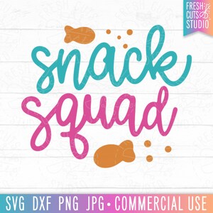 May include: A teal and pink graphic design with the text "snack squad" and two orange fish illustrations.