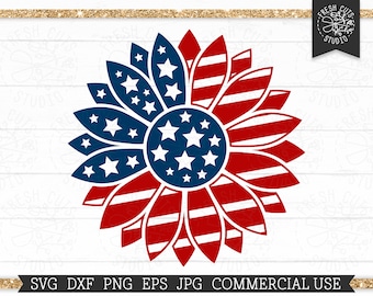 American Flag Sunflower SVG Cut File, Patriotic Sunflower Sublimation PNG Print File, Stars and Stripes, USA Sunflower, 4th of July dxf jpg