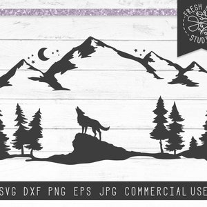 May include: Black silhouette of a wolf howling at the moon with a mountain range in the background.  The wolf is standing on a rock with trees on either side.  The moon is crescent shaped with stars in the sky.