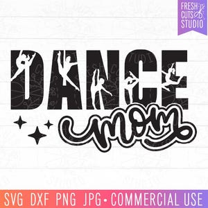 May include: Black and white graphic design with the text "DANCE MOM" in a stylized font. The design features silhouettes of dancers in various poses.