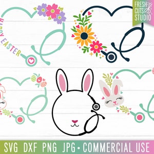 May include: Four digital cut files featuring a stethoscope in the shape of a heart with floral accents and a bunny rabbit. The text "Happy Easter" is included in one of the designs. The files are for commercial use.