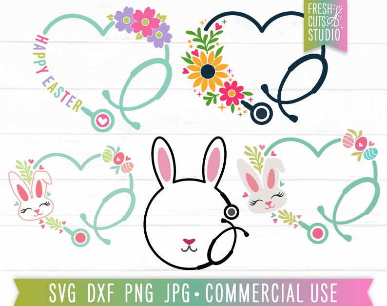 May include: Four digital cut files featuring a stethoscope in the shape of a heart with floral accents and a bunny rabbit. The text "Happy Easter" is included in one of the designs. The files are for commercial use.