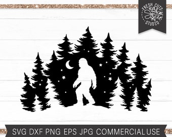 Bigfoot SVG Cut File for Cricut and Silhouette, Bigfoot and Trees, Mountain Sasquatch Svg PNG for Sublimation, Pine Tree Starry Forest