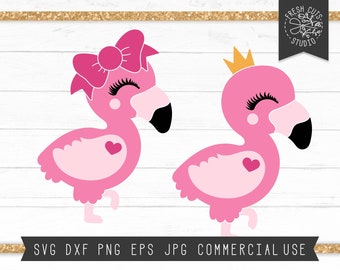 May include: Two pink flamingo illustrations. One flamingo has a pink bow, the other a gold crown. Both have black beaks, closed eyes with long lashes, and a heart on their chest. The bottom banner reads: SVG DXF PNG EPS JPG COMMERCIAL USE.