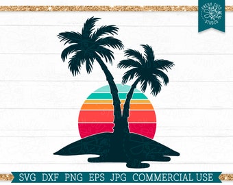 Palm Trees Silhouette SVG, Sunset cut file for Cricut, Tropical Sunrise, Sunshine, Retro Colors, Beach Design, Commercial Use svg png dxf