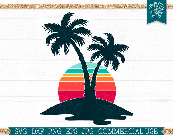 Palm Trees Silhouette SVG, Sunset cut file for Cricut, Tropical Sunrise, Sunshine, Retro Colors, Beach Design, Commercial Use svg png dxf