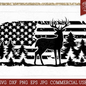 Deer SVG American Flag, Hunting SVG, Distressed Flag Png, Forest SVG, Deer Scene Cut File Cricut, Silhouette, Forest, Patriotic Buck dxf png