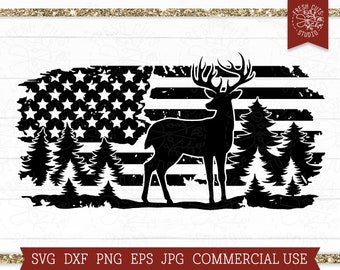 Hirsch SVG Amerikanische Flagge, Jagd SVG, beunruhigte Flagge Png, Wald SVG, Hirsch Szene Schnittdatei Cricut, Silhouette, Wald, Vaterländischer Buck dxf png