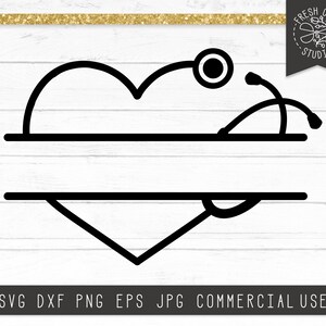 May include: Black and white silhouette of a heart with a stethoscope wrapped around it. The heart is split in half with a line for a name.  The text "SVG DXF PNG EPS JPG COMMERCIAL USE" is at the bottom of the image.