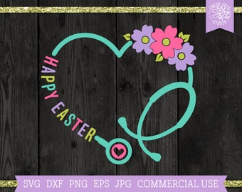 Happy Easter Stethoscope SVG Floral Nurse svg Cut File Cricut, Spring Flowers Heart Stethoscope Monogram Frame png dxf, Nurse shirt design