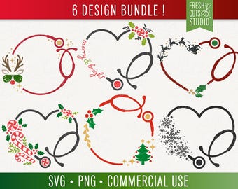 Christmas Stethoscope SVG Bundle, Holiday Season Nurse Cut Files, Reindeer Nursing Pngs