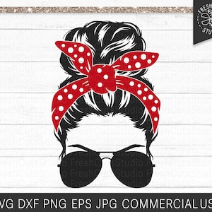 Messy Bun SVG File, Hair SVG, Sunglasses svg, Messy Bun Face SVG, Red Bandana svg, Mom svg, Face with Bandana svg Cut File dxf png