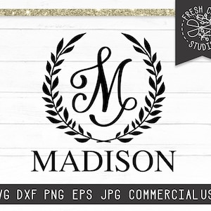 Descarga instantánea del archivo SVG inicial, fuente de letras de monograma svg, letras de fantasía SVG, archivo de corte de letra personalizable, monograma de laurel svg dxf png