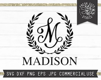 Descarga instantánea del archivo SVG inicial, fuente de letras de monograma svg, letras de fantasía SVG, archivo de corte de letra personalizable, monograma de laurel svg dxf png