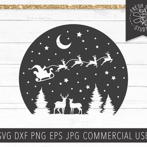 Winter Christmas Scene SVG Cut File, Santa svg, Rustic Christmas SVG, Starry Snowy Forest with Deer, Reindeer svg, Winter Landscape Circle
