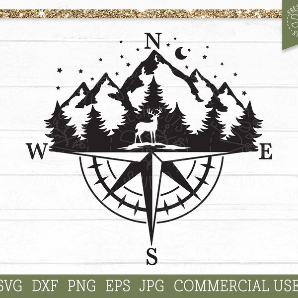 Wilderness Deer SVG Compass Cut File for Cricut, Silhouette, Mountains SVG, Pine Forest, Deer in the Woods, Hunting svg, Camping Shirt svg