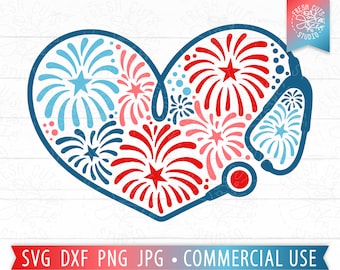 May include: Red, white, and blue heart-shaped design with fireworks and a stethoscope.  SVG DXF PNG JPG. COMMERCIAL USE.