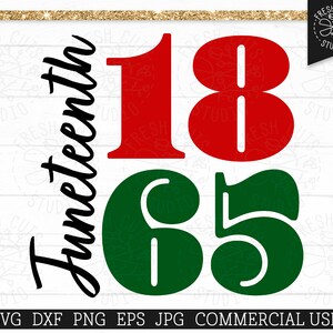 May include: A graphic design featuring the text "Juneteenth" in black script, followed by the numbers "1865" in red and green. The numbers "18" are red and the numbers "65" are green.