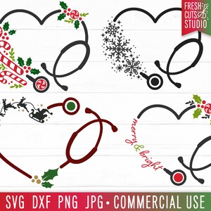 May include: Four digital cut files featuring a stethoscope in the shape of a heart with various Christmas-themed designs. The designs include snowflakes, candy canes, holly, and reindeer.