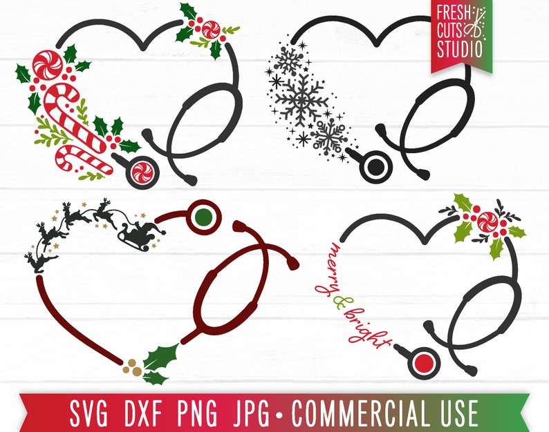 May include: Four digital cut files featuring a stethoscope in the shape of a heart with various Christmas-themed designs. The designs include snowflakes, candy canes, holly, and reindeer.