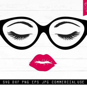 Eyeglasses Svg Lips and Lashes Svg Cut File Digital Design, Instant Download, Dxf, Red Lipstick Svg, Eyelashes Svg, Glasses, Face, Eyebrows