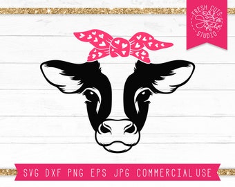 Kuh SVG für Mädchen, Valentinstag SVG Bauernhof Valentine Kuh geschnitten Datei für Cricut, Silhouette, süße Kuh Svg, Kuh Gesicht, Mädchen Kuh Kopf Bandana