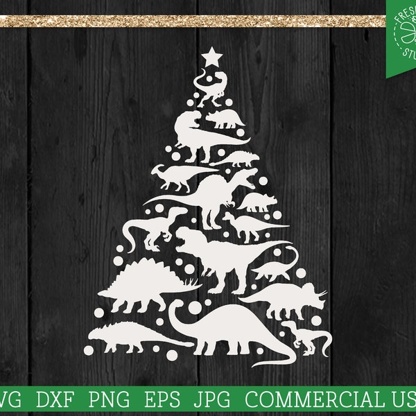 Dinosaur Christmas Tree SVG Kids Holiday Cut File for Cricut, Triceratops, T-rex Christmas Shirt, Jurassic Winter Design, Commercial Use png