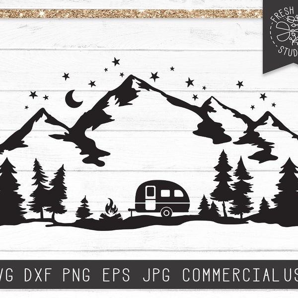 Camper SVG File, Camping SVG, Camper Cut File for Cricut, Mountains svg, Camper in Forest, Camper in Mountains, Campfire svg Pine Trees